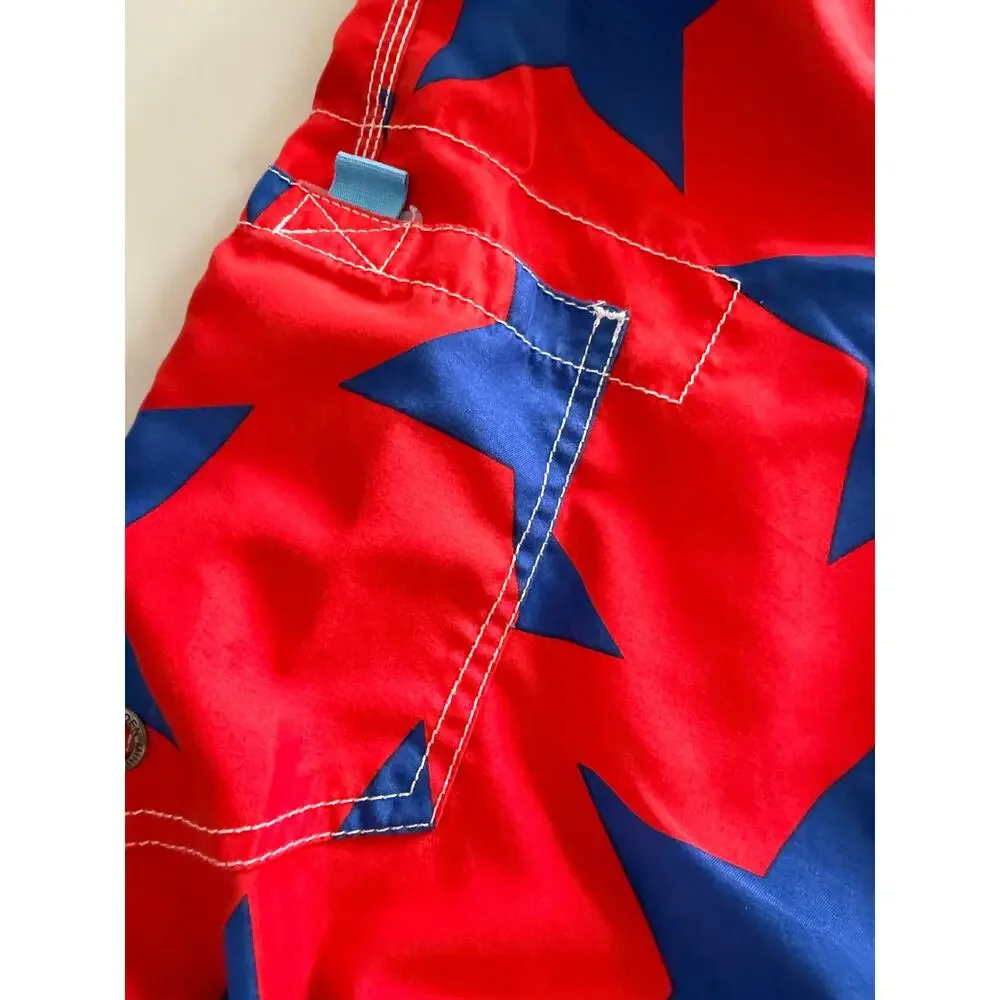 Mini Boden Boys' Swim Trunks - Orange Blue Star Print 7/8